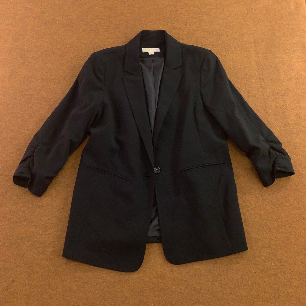 Michael Kors Womens 14 Black Ruched Sleeve Single Button Blazer
